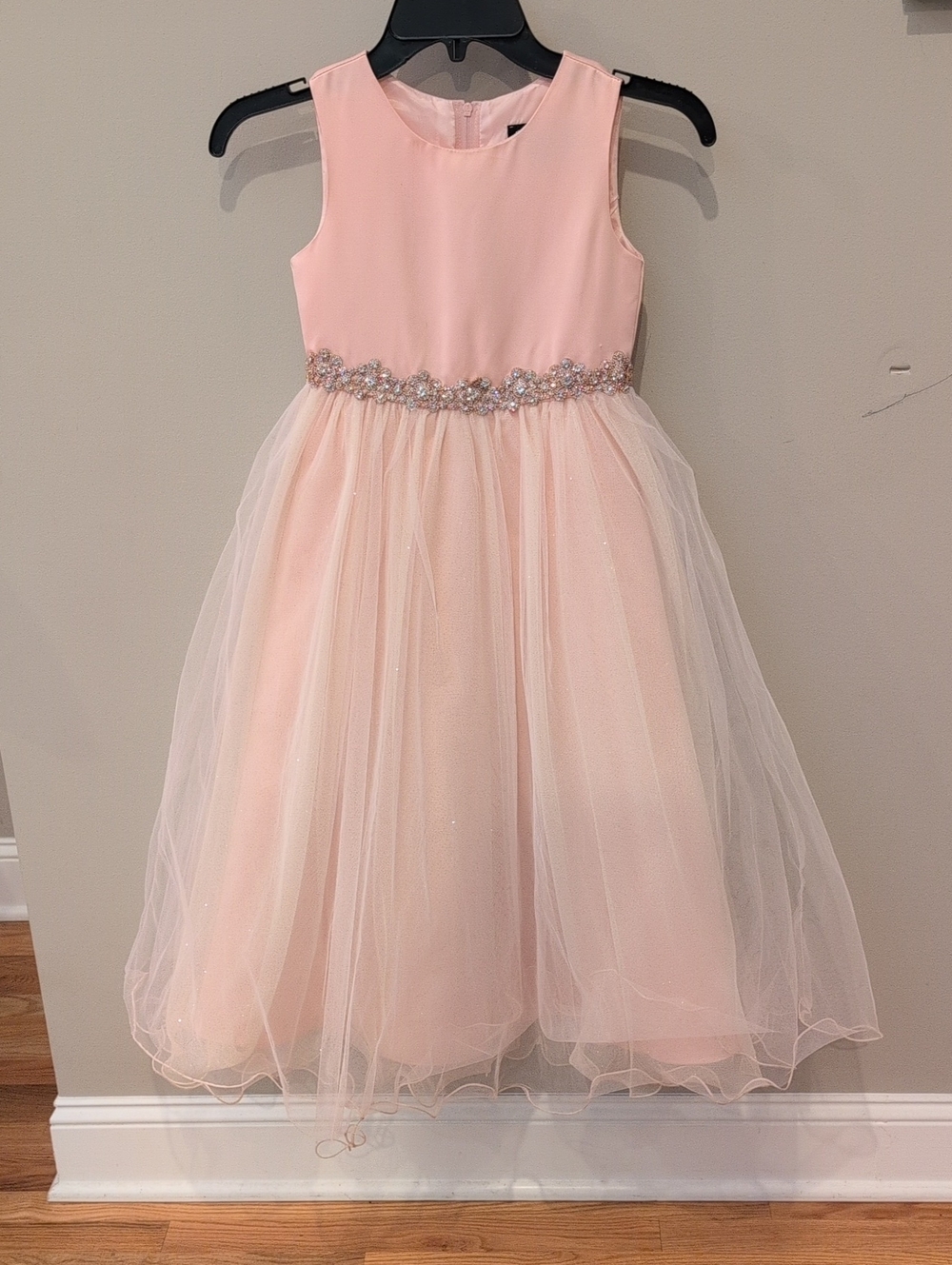 Girls' Sleeveless Pink Tulle Party Dress with Beaded Waist